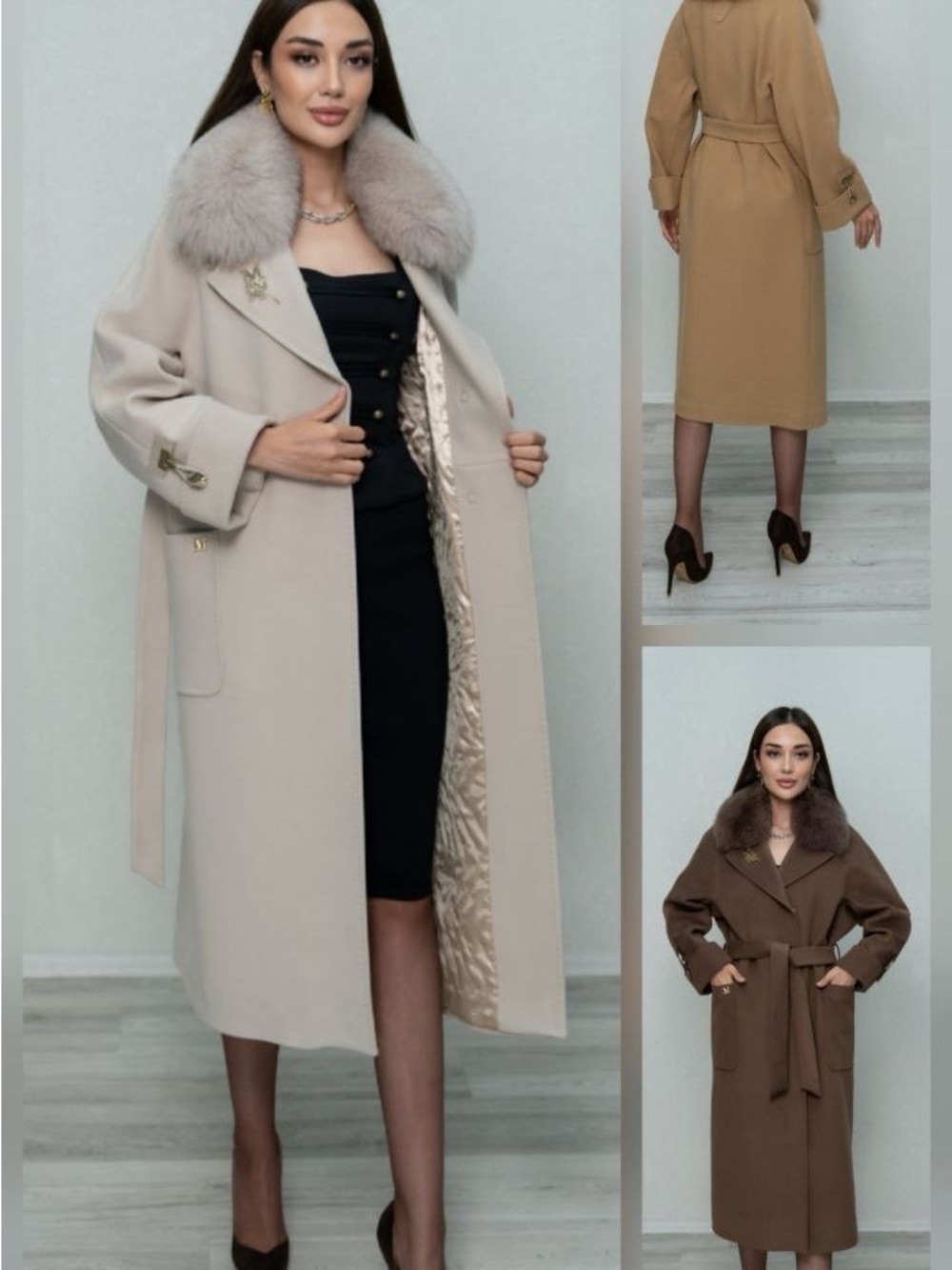 MaxMara Cream Wool Trench Coat with Plush Fur Collar